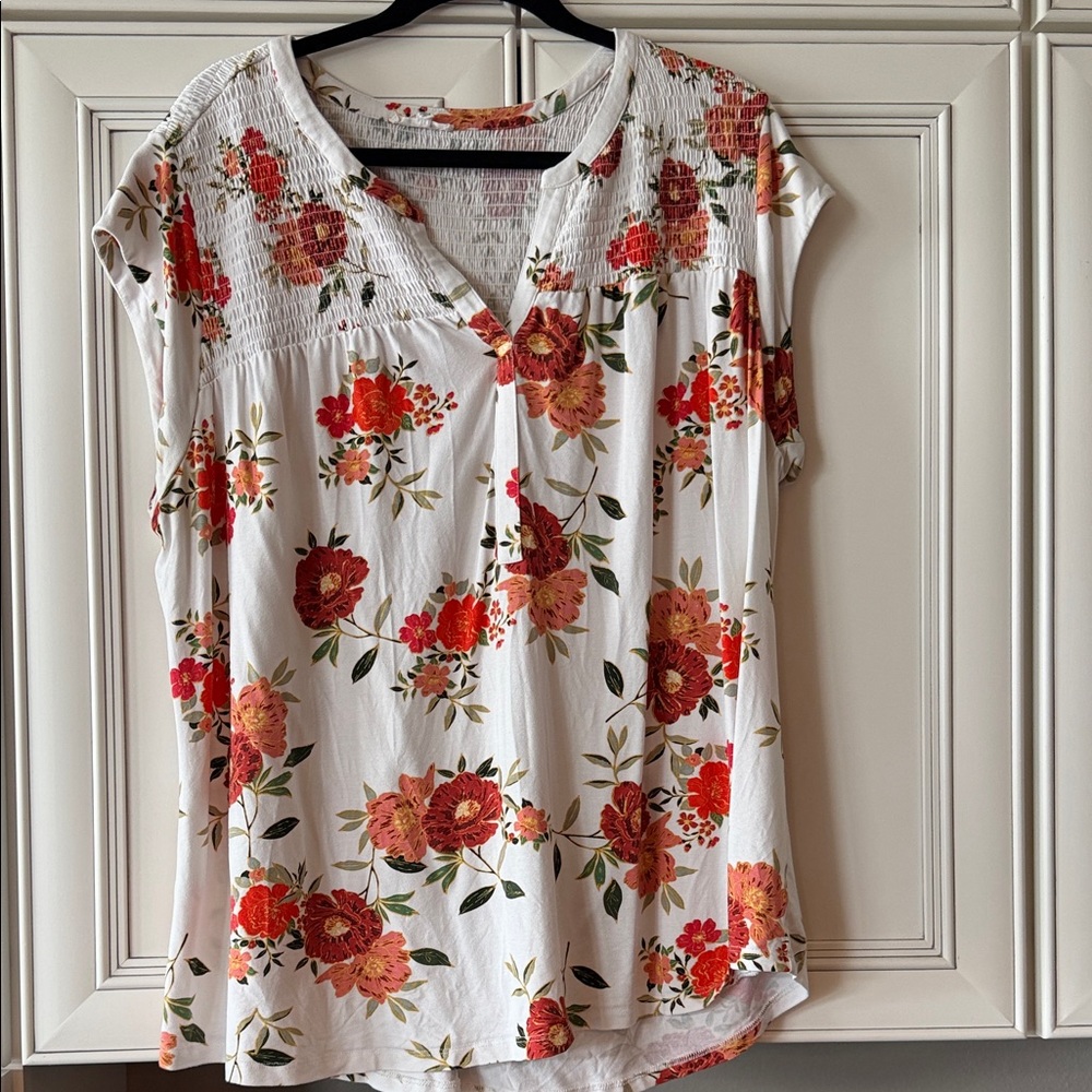 Smocked Yoke Floral V-Neck Blouse - White with Red Floral